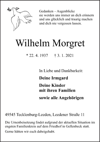 Traueranzeige von Wilhelm Morgret von Neue Osnabrücker Zeitung GmbH & Co. KG