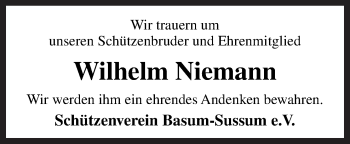 Traueranzeige von Wilhelm Niemann von Neue Osnabrücker Zeitung GmbH & Co. KG