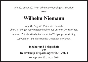 Traueranzeige von Wilhelm Niemann von Neue Osnabrücker Zeitung GmbH & Co. KG