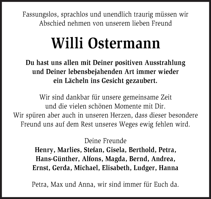  Traueranzeige für Willi Ostermann vom 12.01.2021 aus Neue Osnabrücker Zeitung GmbH & Co. KG
