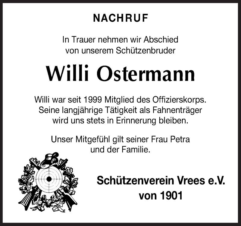  Traueranzeige für Willi Ostermann vom 12.01.2021 aus Neue Osnabrücker Zeitung GmbH & Co. KG