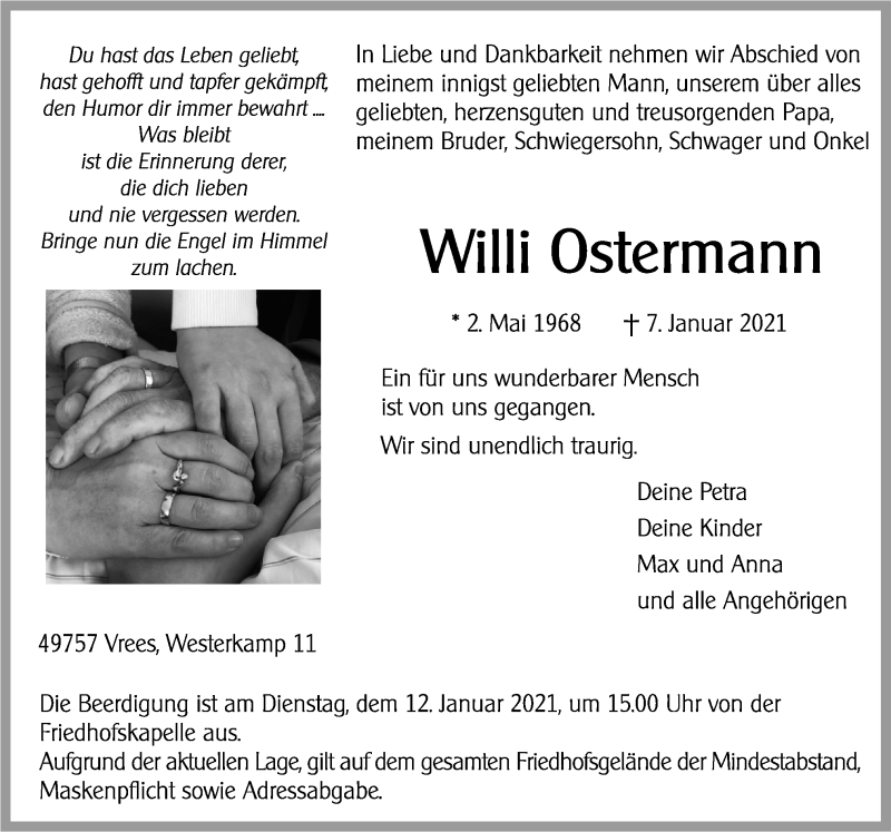  Traueranzeige für Willi Ostermann vom 11.01.2021 aus Neue Osnabrücker Zeitung GmbH & Co. KG