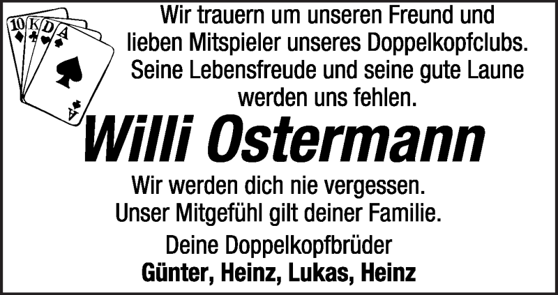  Traueranzeige für Willi Ostermann vom 11.01.2021 aus Neue Osnabrücker Zeitung GmbH & Co. KG