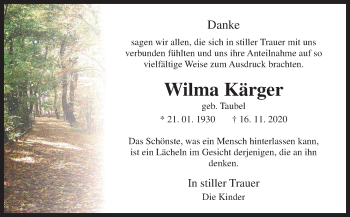 Traueranzeige von Wilma Kärger von Neue Osnabrücker Zeitung GmbH & Co. KG