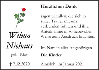Traueranzeige von Wilma Niehaus von Neue Osnabrücker Zeitung GmbH & Co. KG