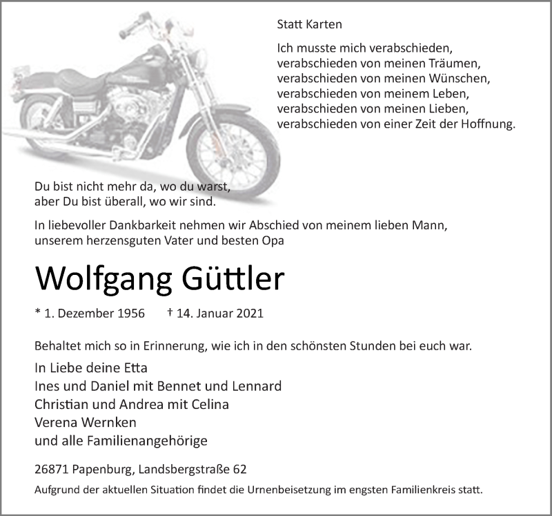  Traueranzeige für Wolfgang Güttler vom 18.01.2021 aus Neue Osnabrücker Zeitung GmbH & Co. KG