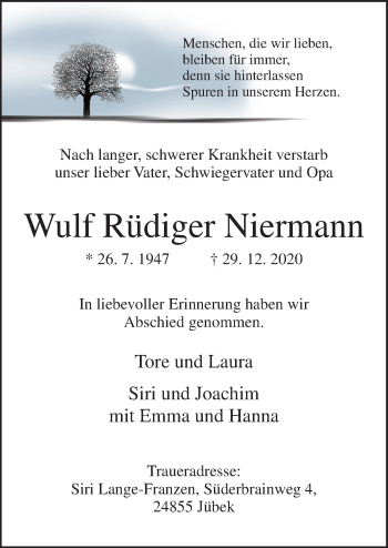 Traueranzeige von Wulf Rüdiger Niermann von Neue Osnabrücker Zeitung GmbH & Co. KG