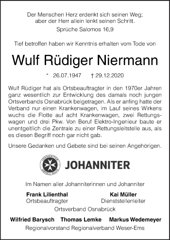 Traueranzeige von Wulf Rüdiger Niermann von Neue Osnabrücker Zeitung GmbH & Co. KG