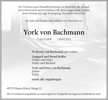 Traueranzeige von York von Bachmann von Neue Osnabrücker Zeitung GmbH & Co. KG