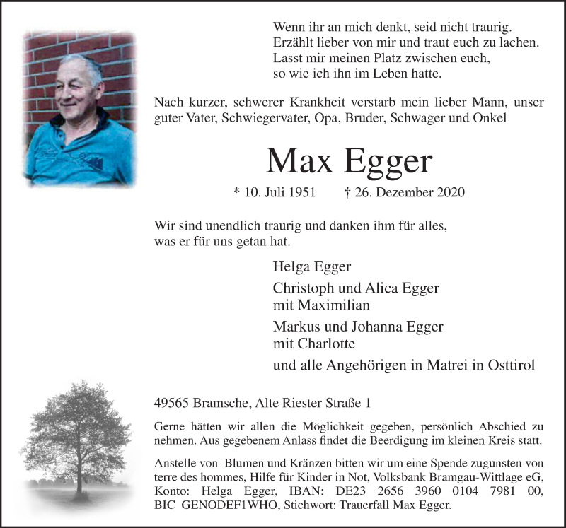  Traueranzeige für Max Egger vom 02.01.2021 aus Neue Osnabrücker Zeitung GmbH & Co. KG