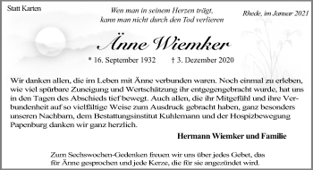 Traueranzeige von Änne Wiemker von Neue Osnabrücker Zeitung GmbH & Co. KG