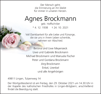 Traueranzeige von Agnes Brockmann von Neue Osnabrücker Zeitung GmbH & Co. KG