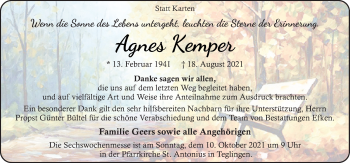 Traueranzeige von Agnes Kemper von Neue Osnabrücker Zeitung GmbH & Co. KG