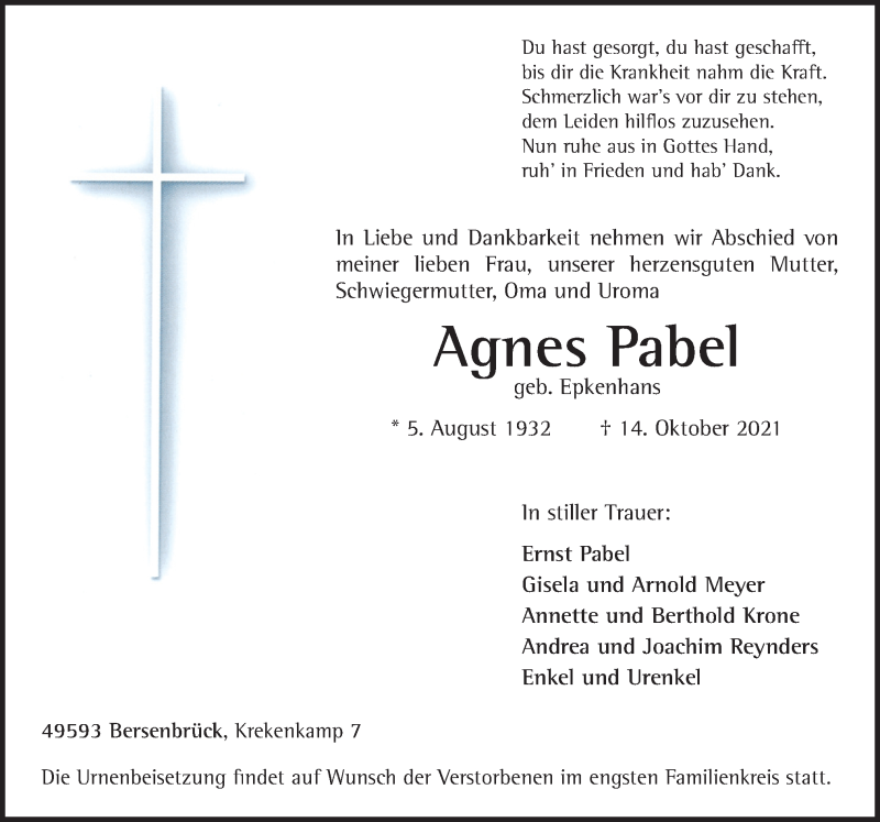  Traueranzeige für Agnes Pabel vom 18.10.2021 aus Neue Osnabrücker Zeitung GmbH & Co. KG