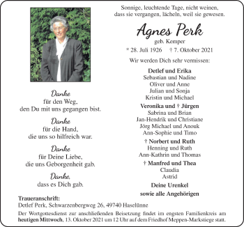 Traueranzeige von Agnes Perk von Neue Osnabrücker Zeitung GmbH & Co. KG