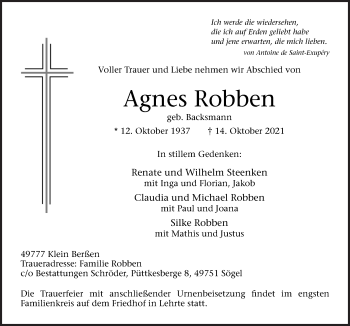 Traueranzeige von Agnes Robben von Neue Osnabrücker Zeitung GmbH & Co. KG