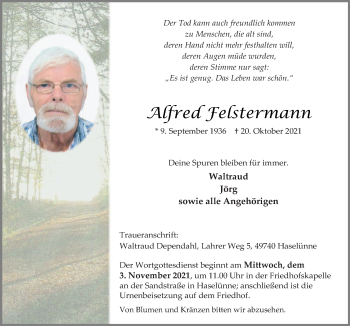 Traueranzeige von Alfred Felstermann von Neue Osnabrücker Zeitung GmbH & Co. KG
