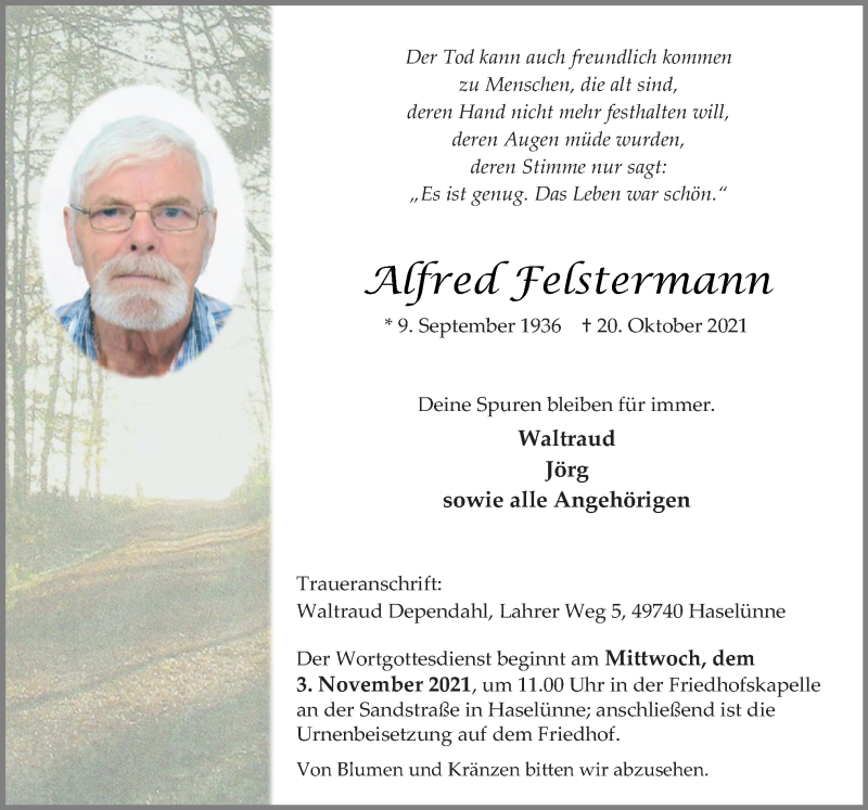  Traueranzeige für Alfred Felstermann vom 23.10.2021 aus Neue Osnabrücker Zeitung GmbH & Co. KG