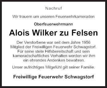 Traueranzeige von Alois  Wilker zu Felsen von Neue Osnabrücker Zeitung GmbH & Co. KG