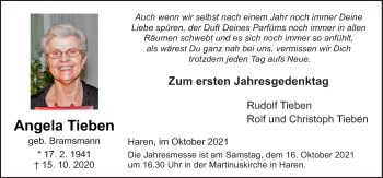Traueranzeige von Angela Tieben von Neue Osnabrücker Zeitung GmbH & Co. KG
