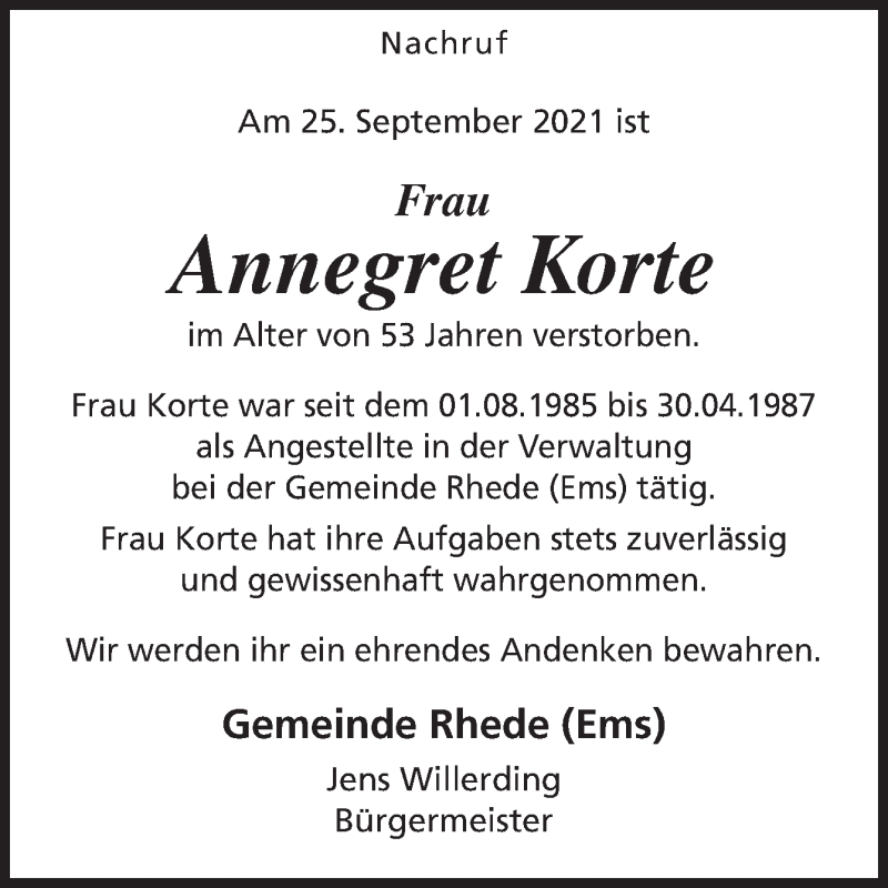  Traueranzeige für Annegret Korte vom 02.10.2021 aus Neue Osnabrücker Zeitung GmbH & Co. KG