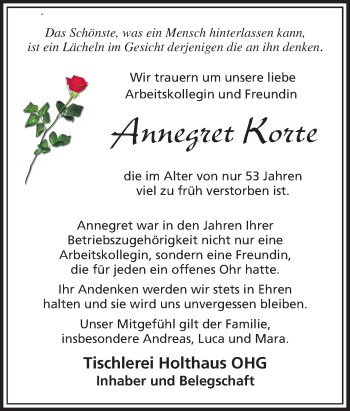 Traueranzeige von Annegret Korte von Neue Osnabrücker Zeitung GmbH & Co. KG