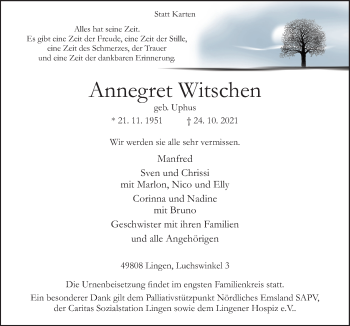 Traueranzeige von Annegret Witschen von Neue Osnabrücker Zeitung GmbH & Co. KG