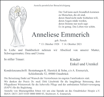 Traueranzeige von Anneliese Emmerich von Neue Osnabrücker Zeitung GmbH & Co. KG