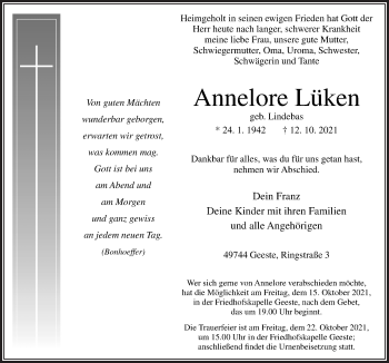 Traueranzeige von Annelore Lüken von Neue Osnabrücker Zeitung GmbH & Co. KG