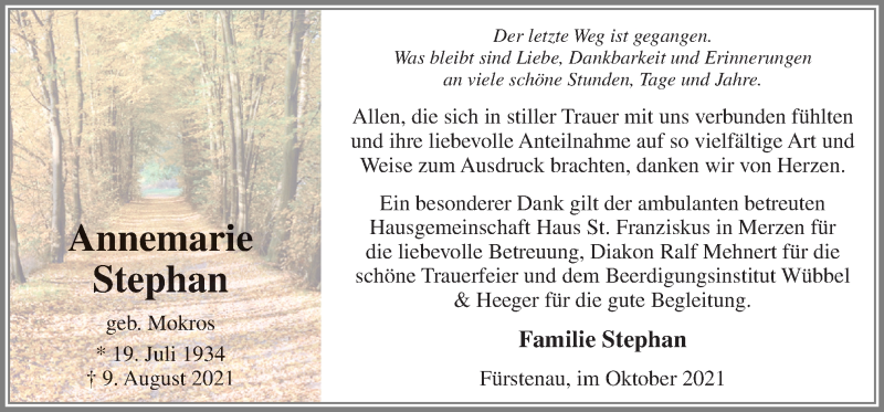  Traueranzeige für Annemarie Stephan vom 02.10.2021 aus Neue Osnabrücker Zeitung GmbH & Co. KG