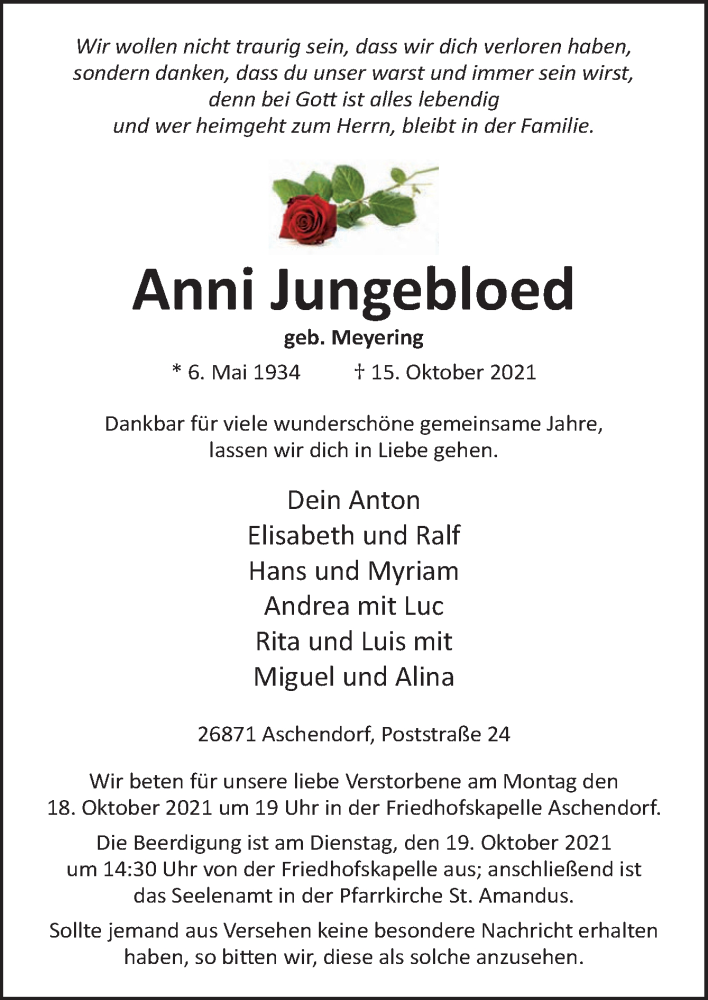  Traueranzeige für Anni Jungebloed vom 18.10.2021 aus Neue Osnabrücker Zeitung GmbH & Co. KG