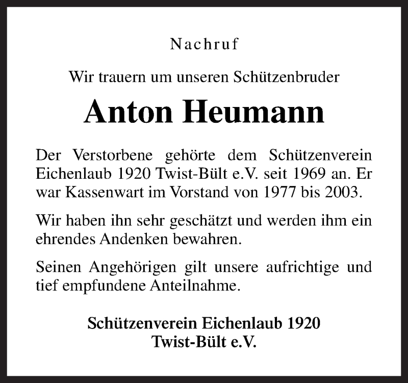  Traueranzeige für Anton Heumann vom 22.10.2021 aus Neue Osnabrücker Zeitung GmbH & Co. KG