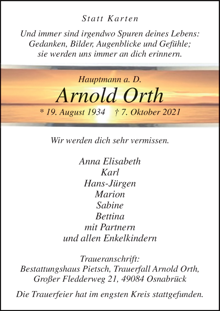  Traueranzeige für Arnold Orth vom 23.10.2021 aus Neue Osnabrücker Zeitung GmbH & Co. KG