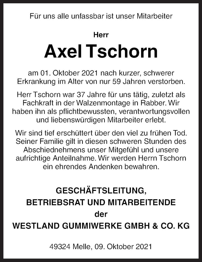  Traueranzeige für Axel Tschorn vom 09.10.2021 aus Neue Osnabrücker Zeitung GmbH & Co. KG