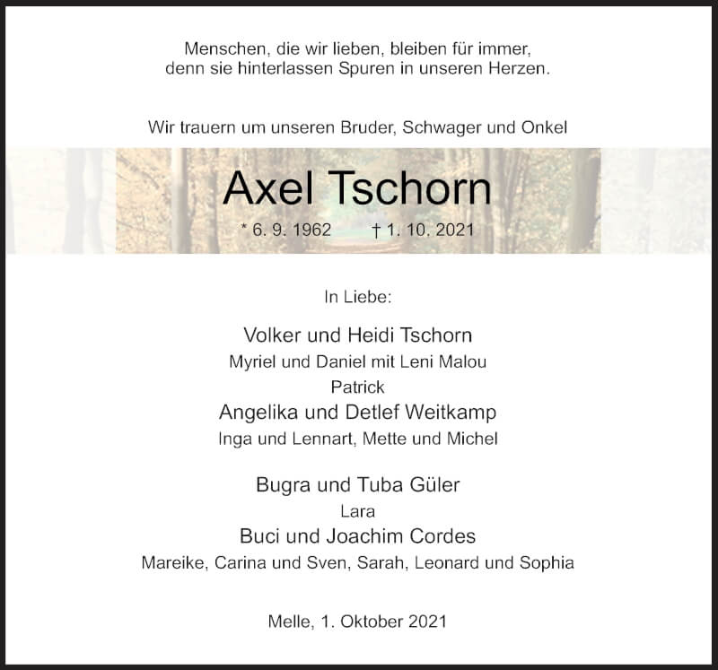  Traueranzeige für Axel Tschorn vom 09.10.2021 aus Neue Osnabrücker Zeitung GmbH & Co. KG