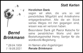 Traueranzeige von Bernd Brinkmann von Neue Osnabrücker Zeitung GmbH & Co. KG