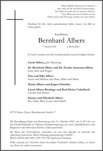 Traueranzeige von Bernhard Albers von Neue Osnabrücker Zeitung GmbH & Co. KG