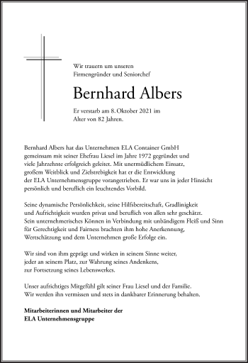 Traueranzeige von Bernhard Albers von Neue Osnabrücker Zeitung GmbH & Co. KG