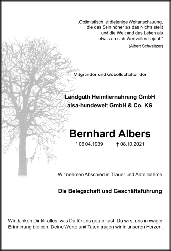 Traueranzeige von Bernhard Albers von Neue Osnabrücker Zeitung GmbH & Co. KG