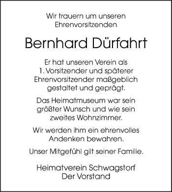 Traueranzeige von Bernhard Dürfahrt von Neue Osnabrücker Zeitung GmbH & Co. KG