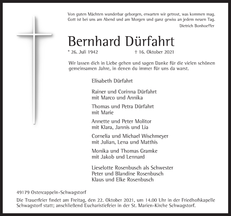  Traueranzeige für Bernhard Dürfahrt vom 20.10.2021 aus Neue Osnabrücker Zeitung GmbH & Co. KG
