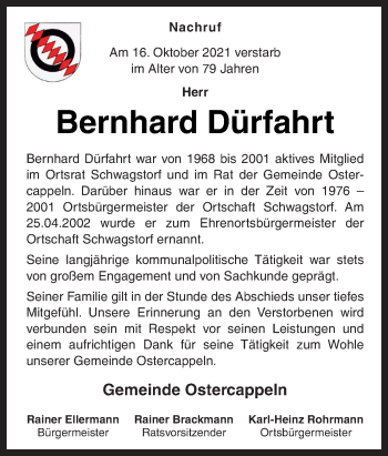 Traueranzeige von Bernhard Dürfahrt von Neue Osnabrücker Zeitung GmbH & Co. KG