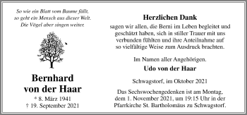 Traueranzeige von Bernhard von der Haar von Neue Osnabrücker Zeitung GmbH & Co. KG