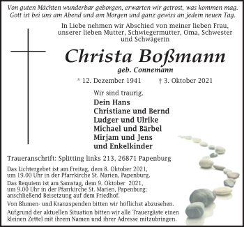 Traueranzeige von Christa Boßmann von Neue Osnabrücker Zeitung GmbH & Co. KG