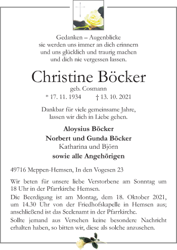 Traueranzeige von Christine Böcker von Neue Osnabrücker Zeitung GmbH & Co. KG