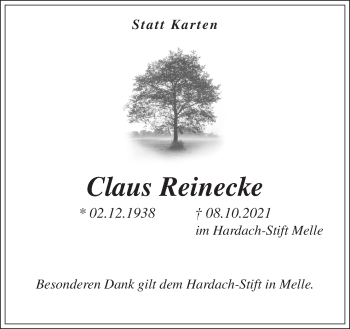 Traueranzeige von Claus Reinecke von Neue Osnabrücker Zeitung GmbH & Co. KG