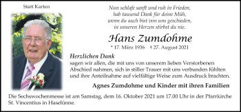 Traueranzeige von Hans Zumdohme von Neue Osnabrücker Zeitung GmbH & Co. KG