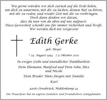 Traueranzeige von Edith Gerke von Neue Osnabrücker Zeitung GmbH & Co. KG