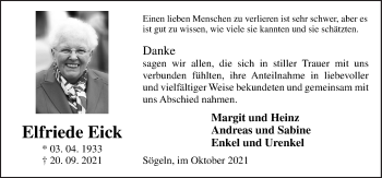 Traueranzeige von Elfriede Eick von Neue Osnabrücker Zeitung GmbH & Co. KG