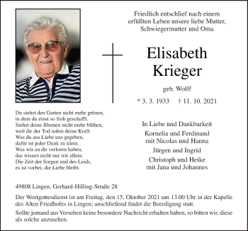 Traueranzeige von Elisabeth Krieger von Neue Osnabrücker Zeitung GmbH & Co. KG